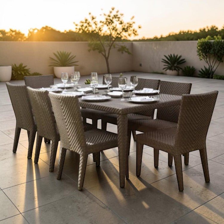 9 Piece Outdoor Dining Set with Woven Chairs and Rectangular Table