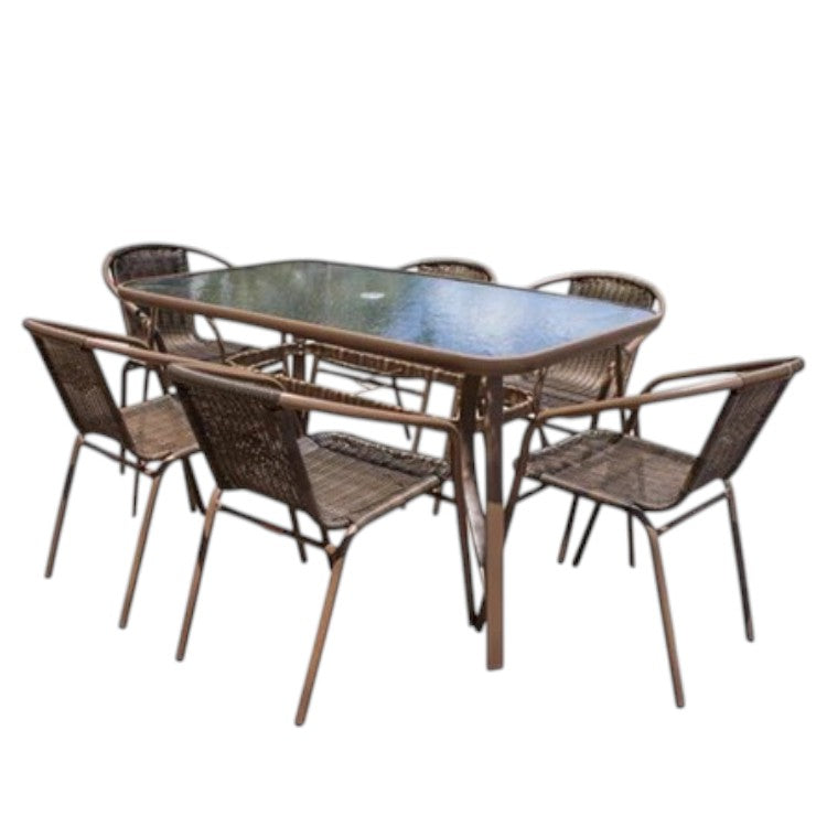7 Piece Outdoor Dining Set with Woven Chairs and Glass Top Table