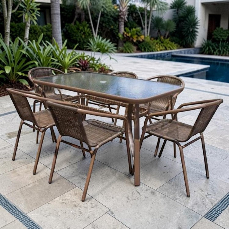 7 Piece Outdoor Dining Set with Woven Chairs and Glass Top Table