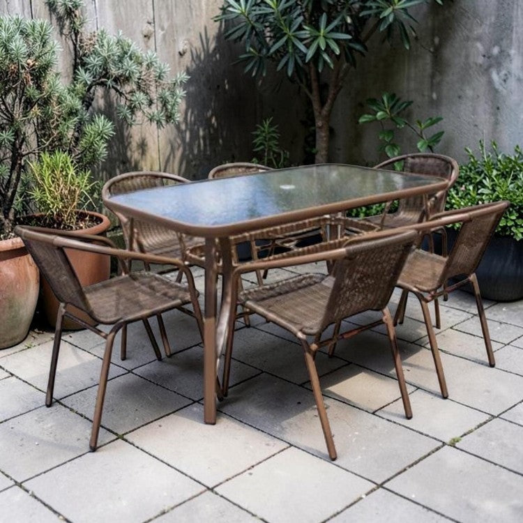7 Piece Outdoor Dining Set with Woven Chairs and Glass Top Table