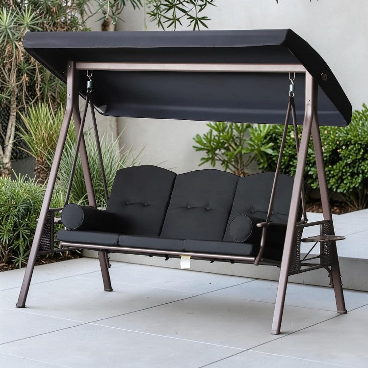 3 Seat Patio Swing Chair with Adjustable Canopy and Side Trays