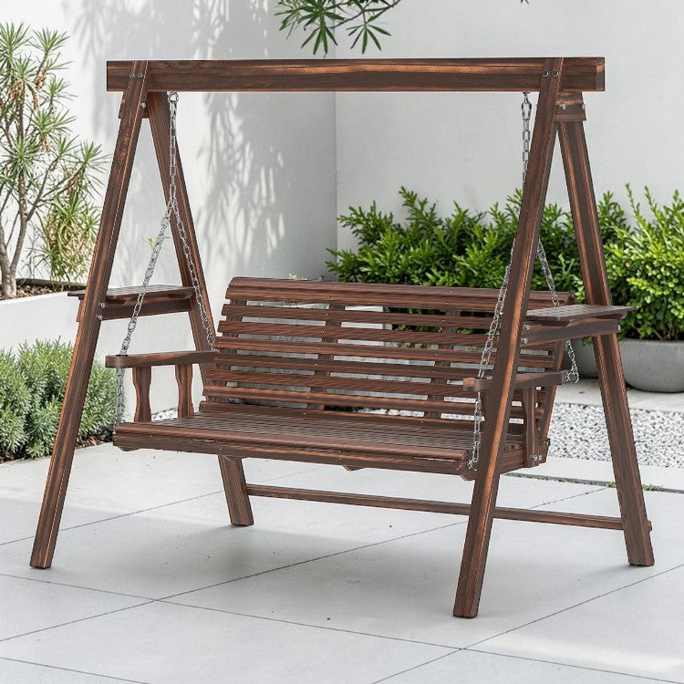 3 Seat Outdoor Porch Swing with Wood Stand and Side Tables
