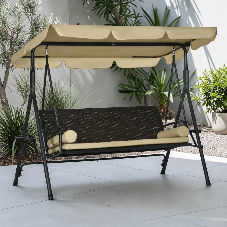 3 Seat Outdoor Swing Chair with Adjustable Canopy, Cushions, and Side Trays