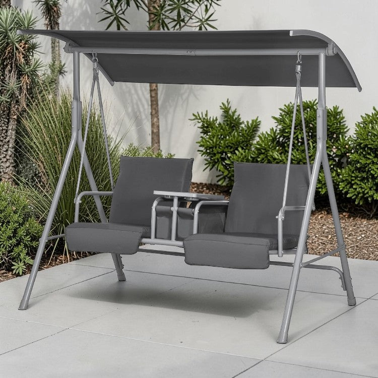 2 Person Outdoor Porch Swing with Canopy and Cup Holders