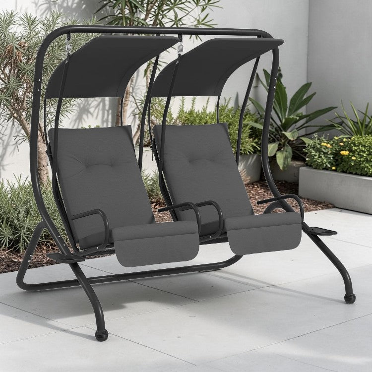 2 Seat Outdoor Swing Chair with Dual Canopies and Cushioned Seats