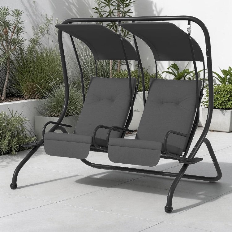 2 Seat Outdoor Swing Chair with Dual Canopies and Cushioned Seats