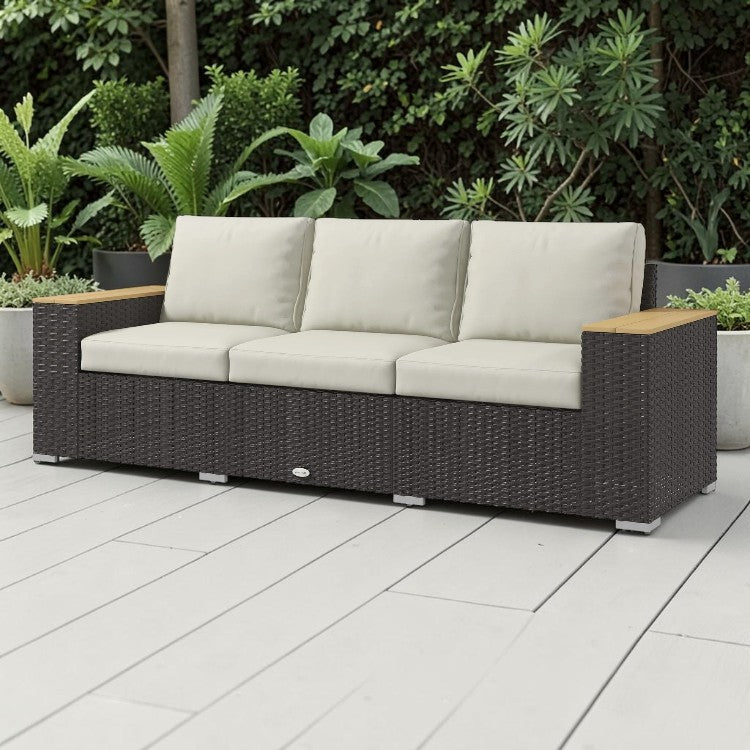 3 Seat Outdoor Wicker Sofa with Cushions and Wide Armrests