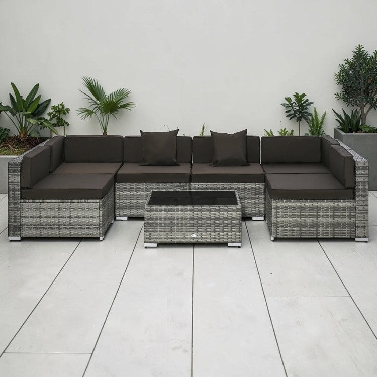 7 Piece Outdoor Sectional Sofa Set with Cushions and Glass Coffee Table
