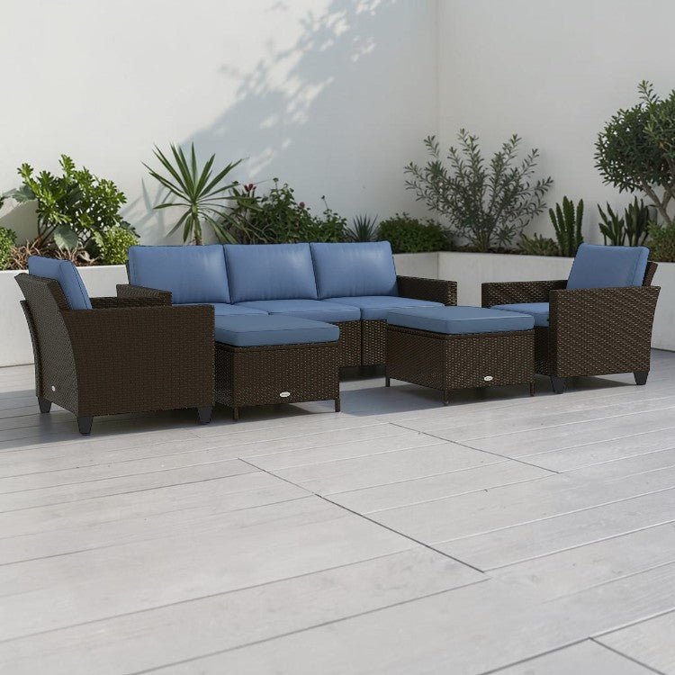 7 Piece Outdoor Patio Sectional Sofa Set with Wicker Seating and Cushions