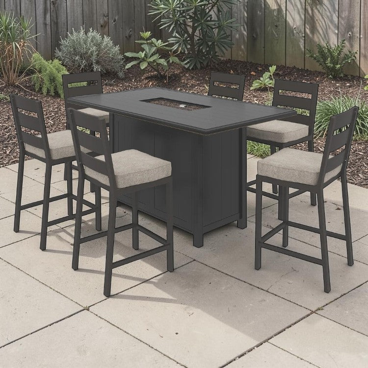 7 Piece Outdoor Dining Set with Bar Table and Cushioned Stools