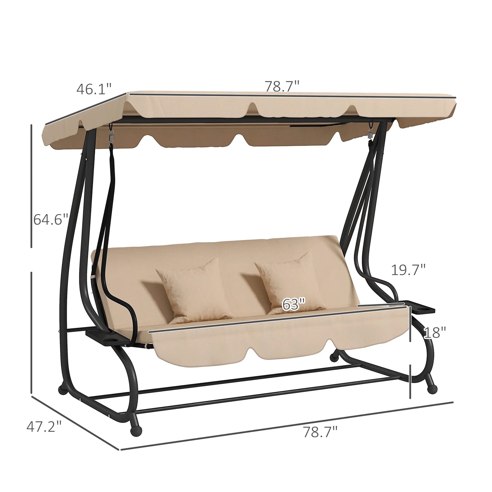 3 Seat Outdoor Swing Bench with Adjustable Canopy and Cushions