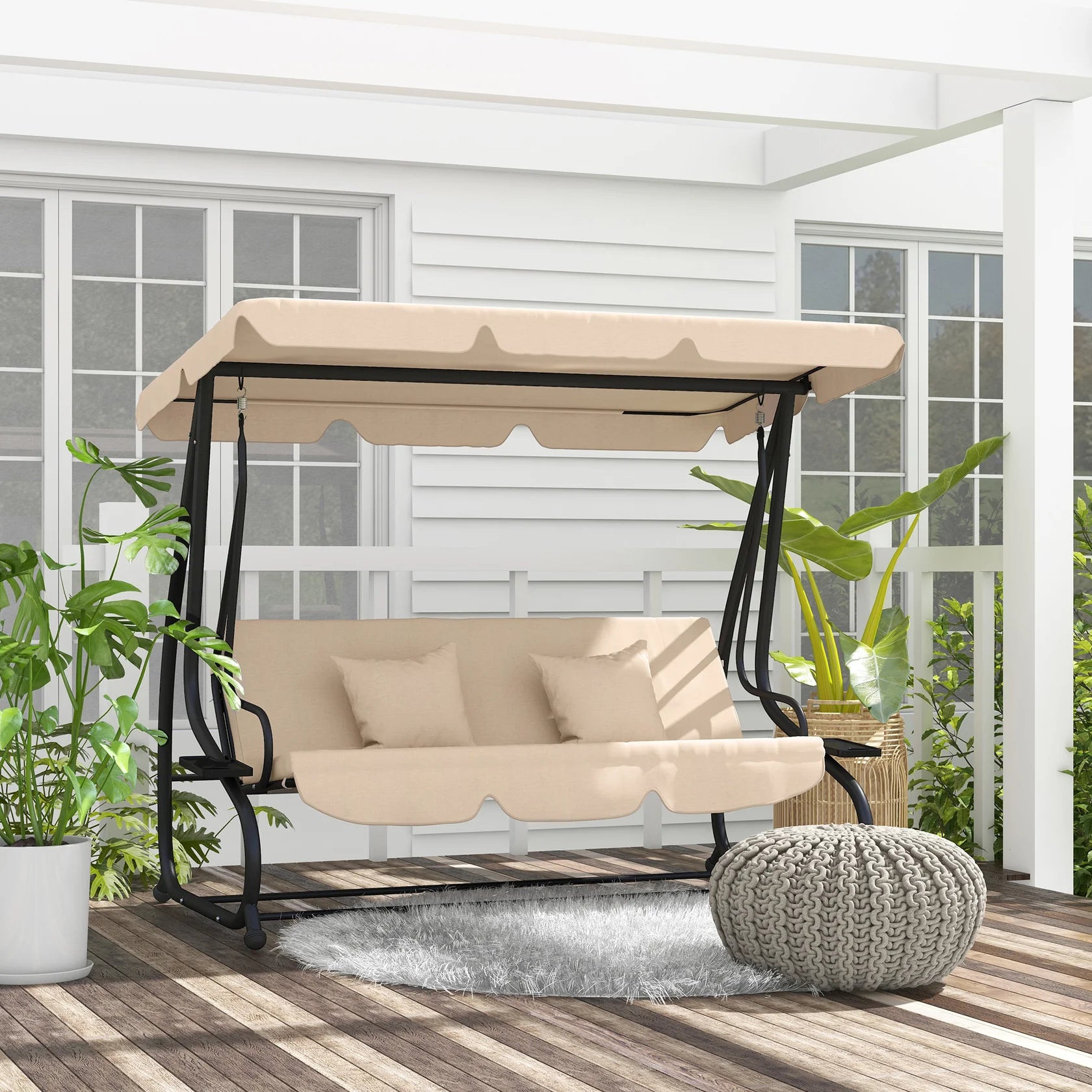 3 Seat Outdoor Swing Bench with Adjustable Canopy and Cushions