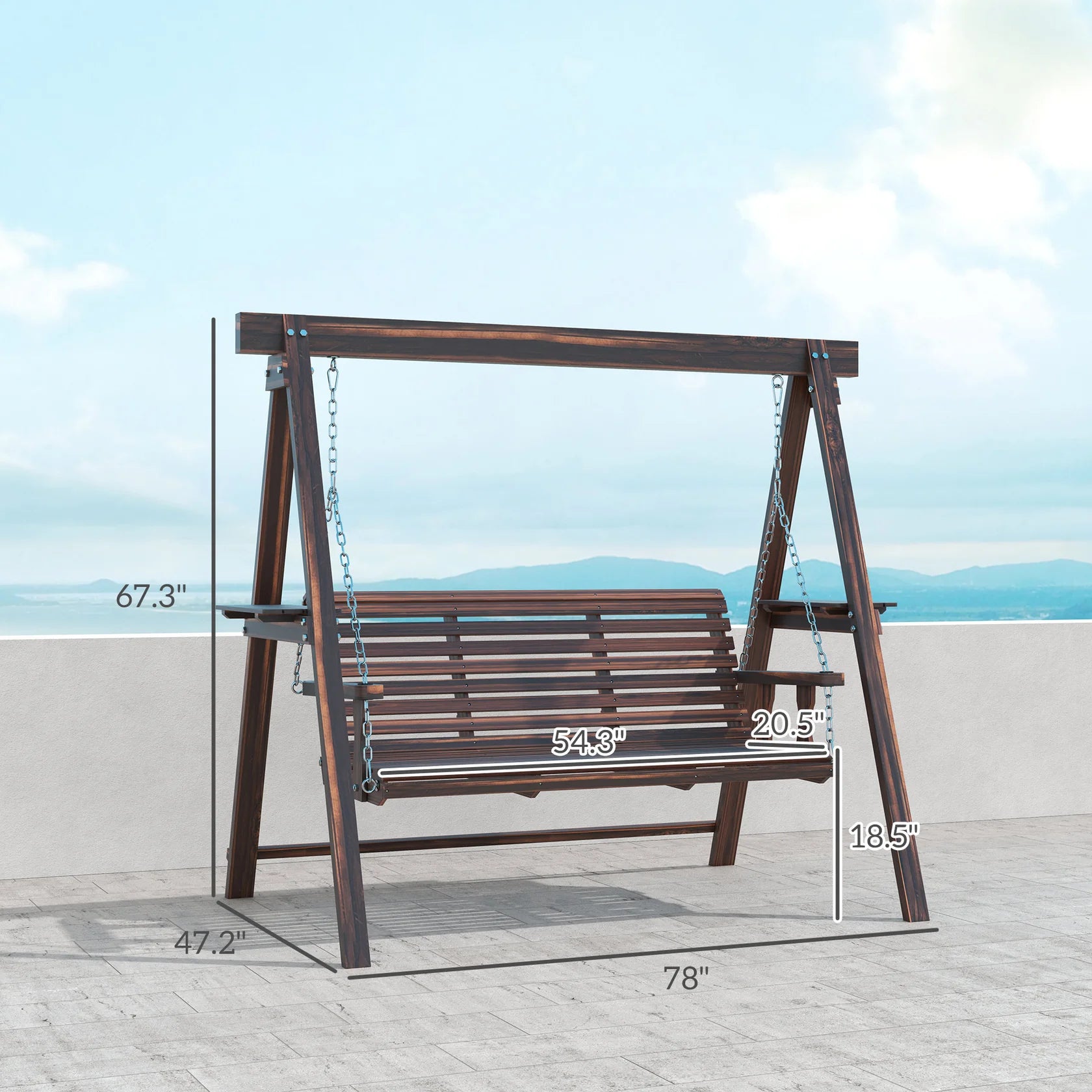 3 Seat Outdoor Porch Swing with Wood Stand and Side Tables