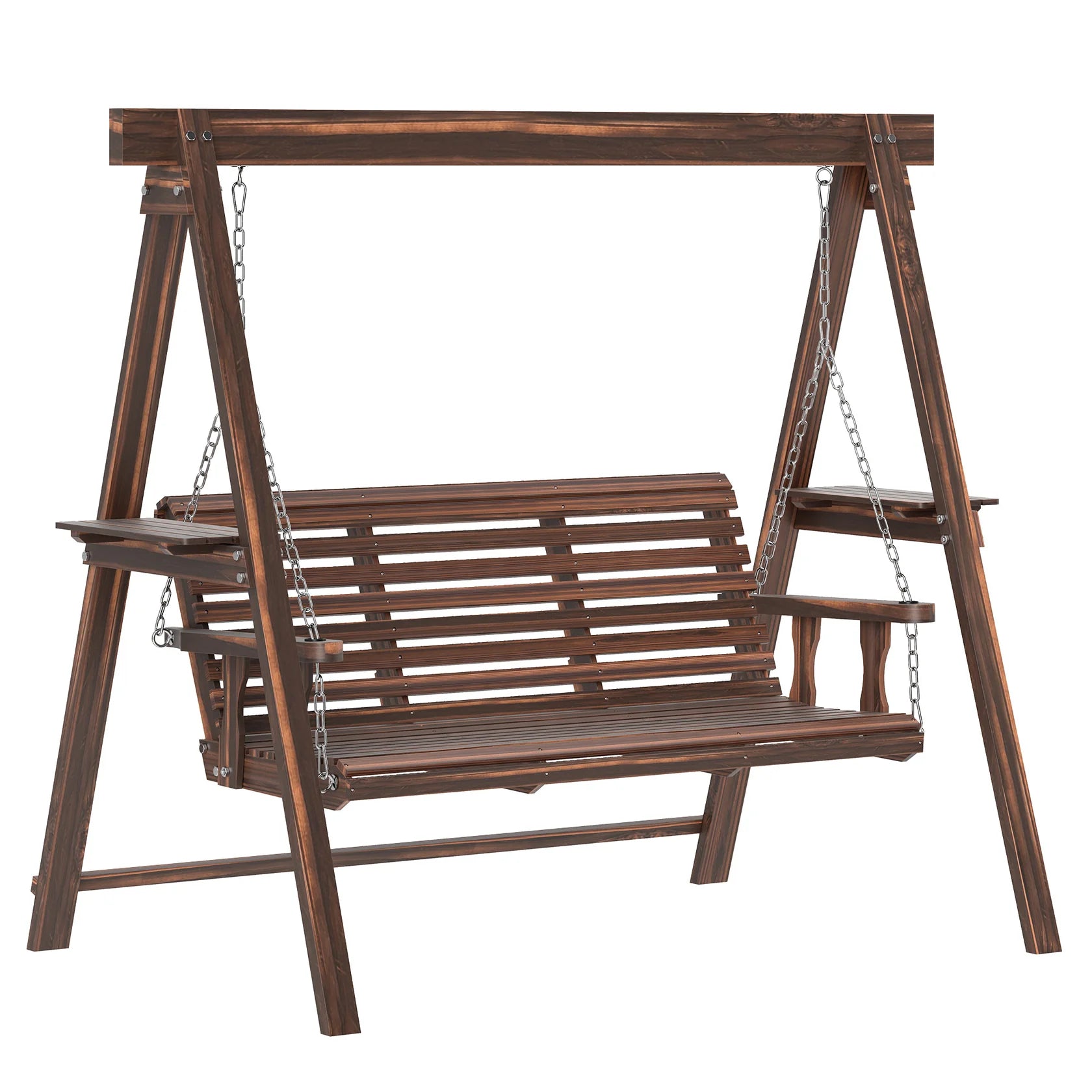 3 Seat Outdoor Porch Swing with Wood Stand and Side Tables