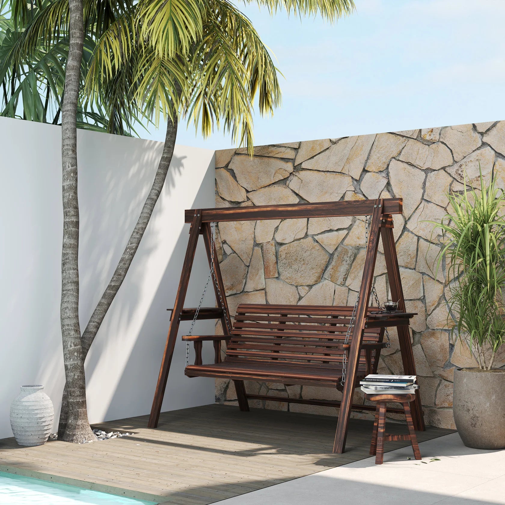 3 Seat Outdoor Porch Swing with Wood Stand and Side Tables