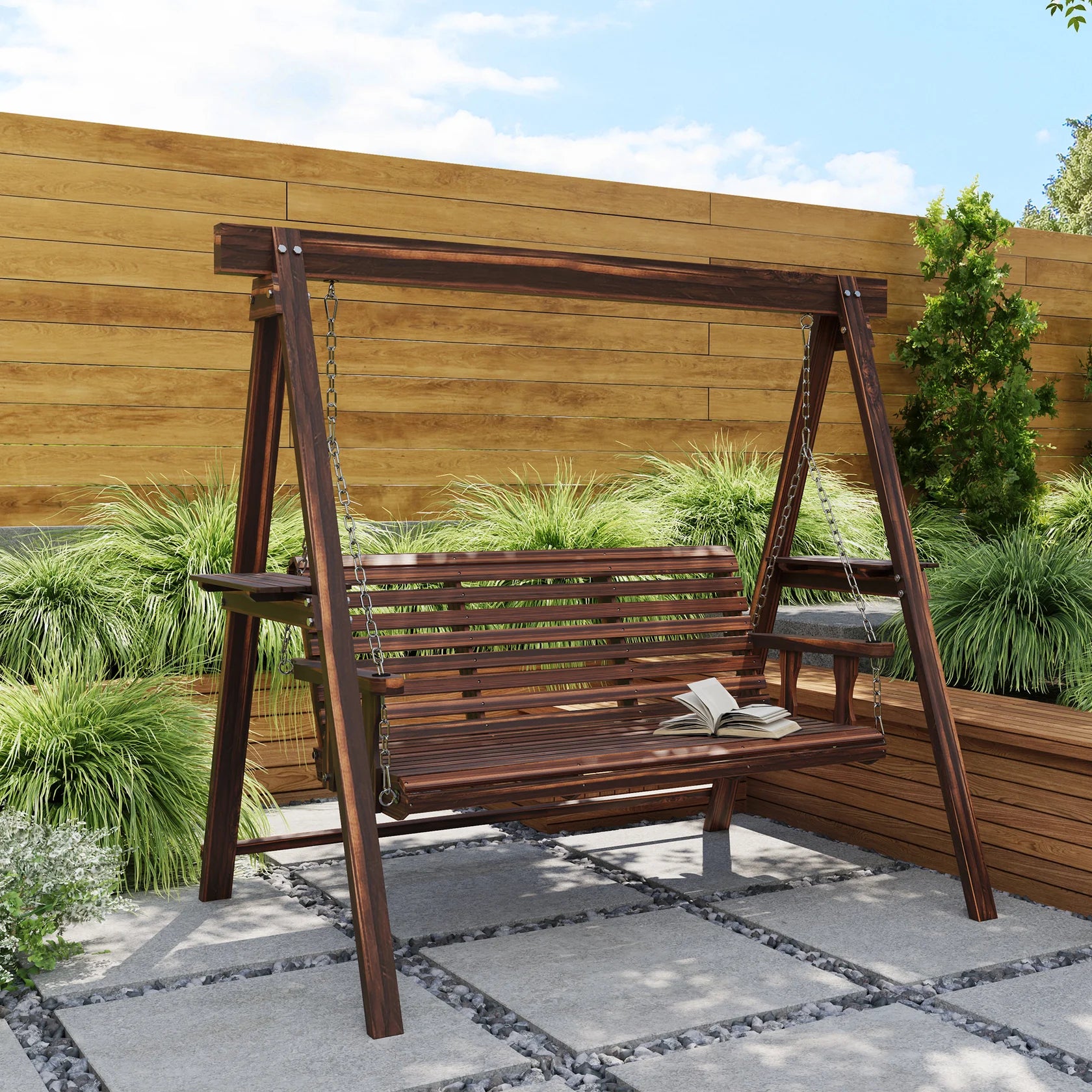 3 Seat Outdoor Porch Swing with Wood Stand and Side Tables