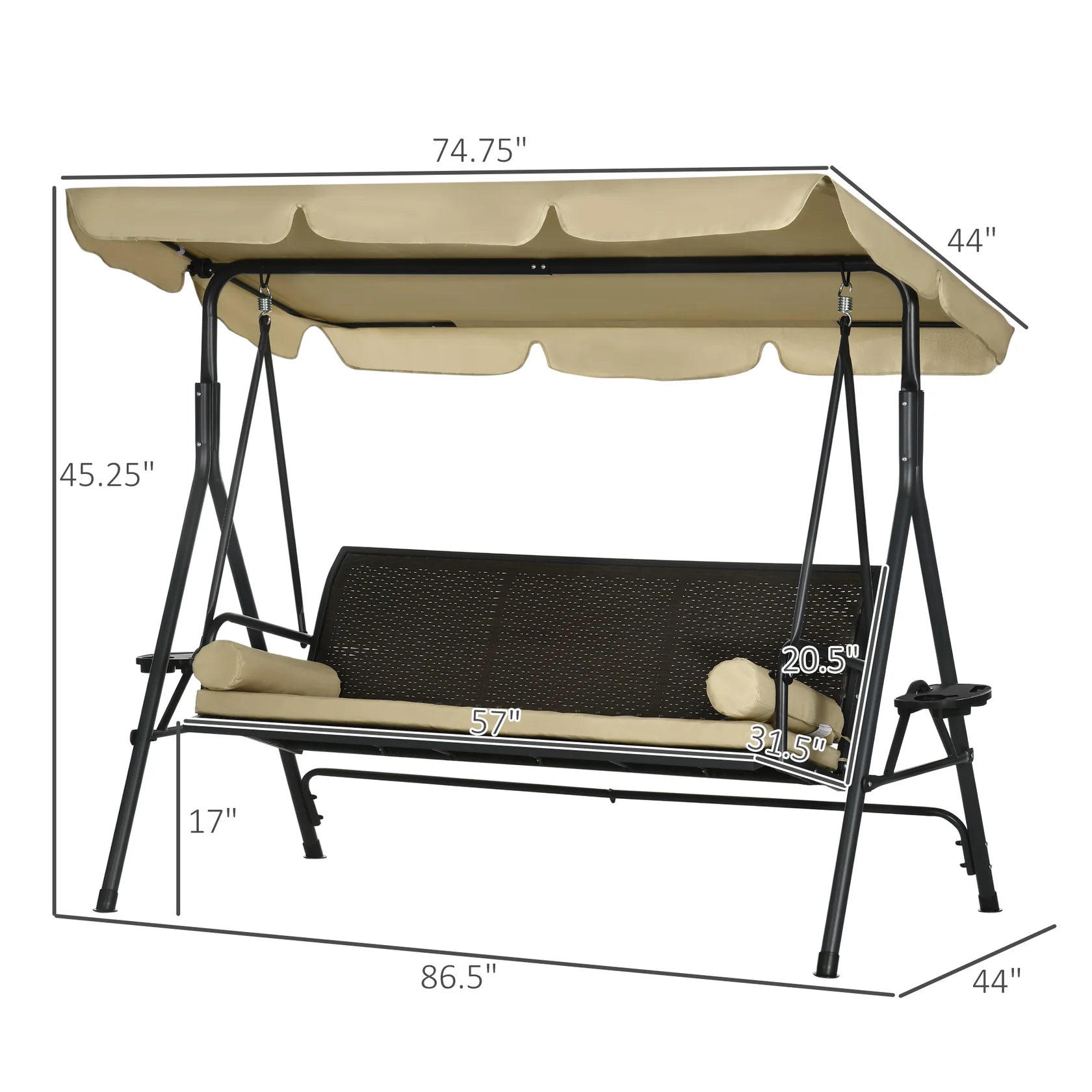 3 Seat Outdoor Swing Chair with Adjustable Canopy, Cushions, and Side Trays