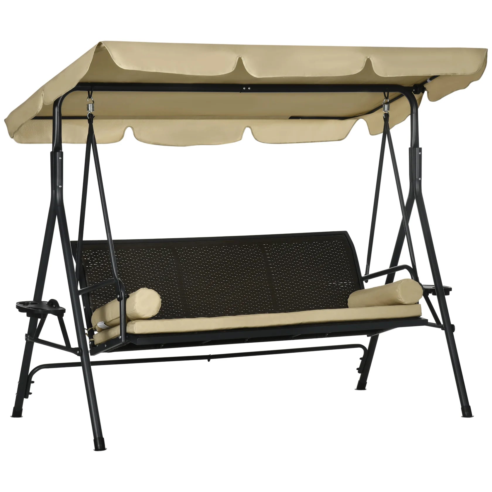 3 Seat Outdoor Swing Chair with Adjustable Canopy, Cushions, and Side Trays