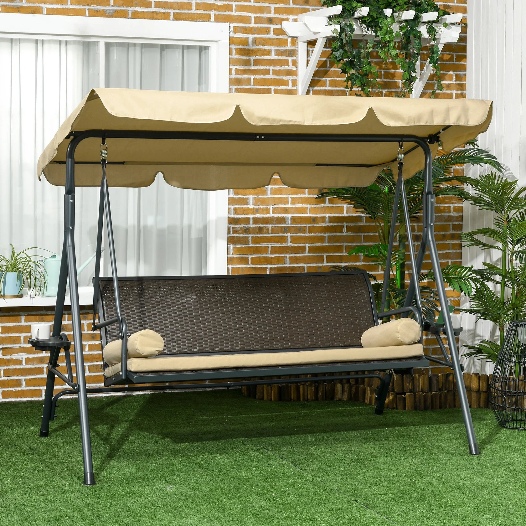 3 Seat Outdoor Swing Chair with Adjustable Canopy, Cushions, and Side Trays