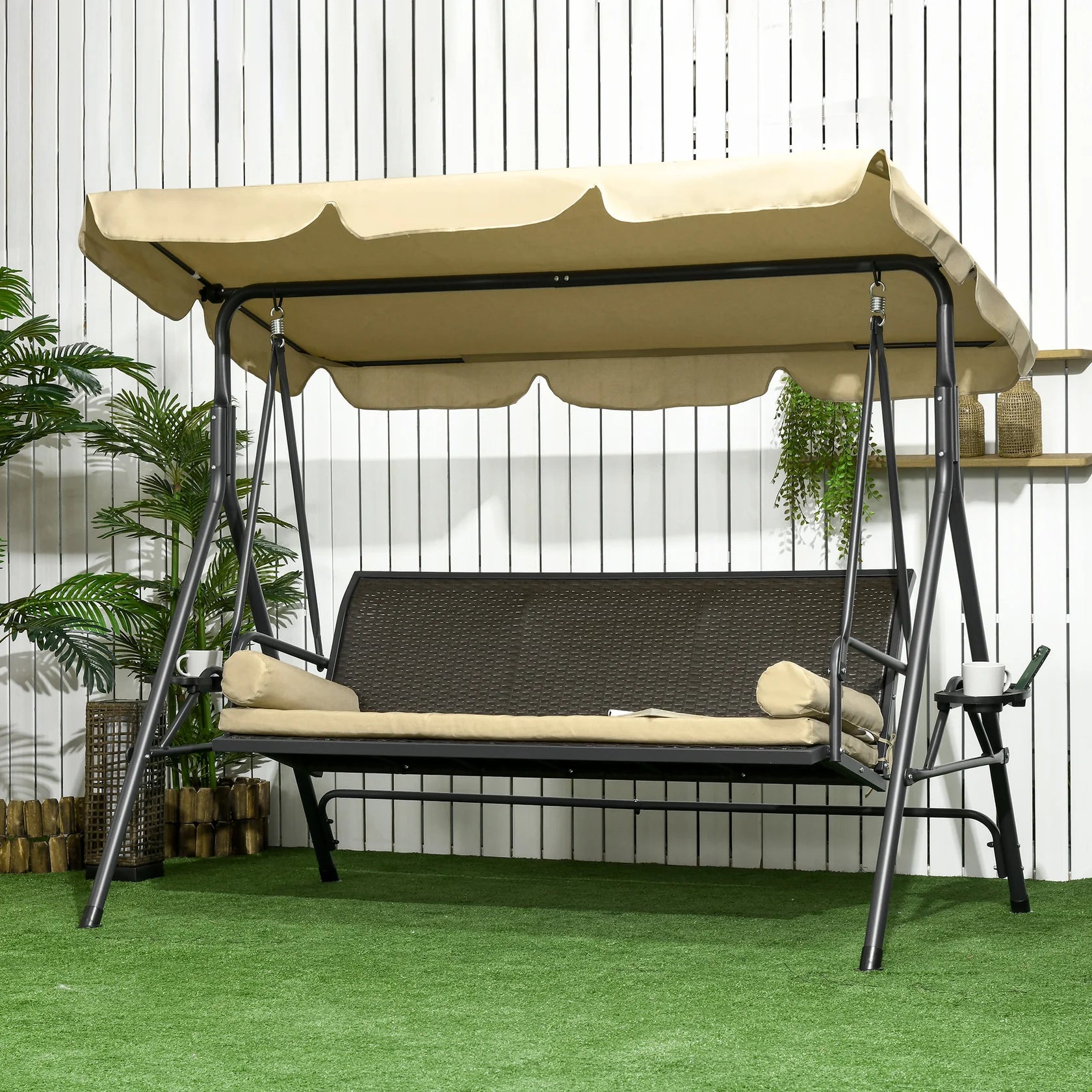 3 Seat Outdoor Swing Chair with Adjustable Canopy, Cushions, and Side Trays