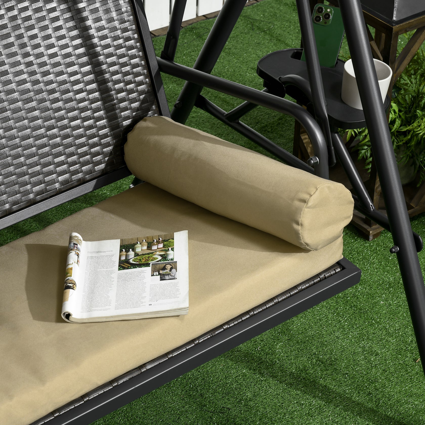 3 Seat Outdoor Swing Chair with Adjustable Canopy, Cushions, and Side Trays