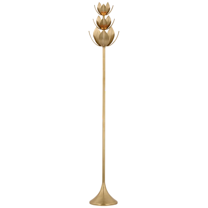Sculptural LED Floor Lamp in Antique Brass with Floral Top Design
