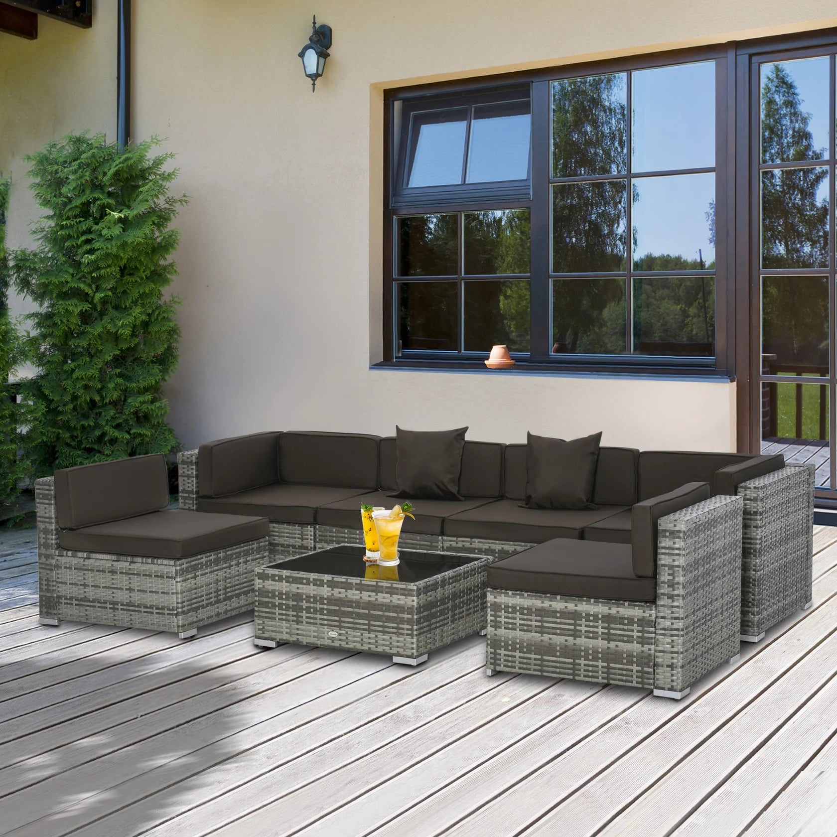 7 Piece Outdoor Sectional Sofa Set with Cushions and Glass Coffee Table