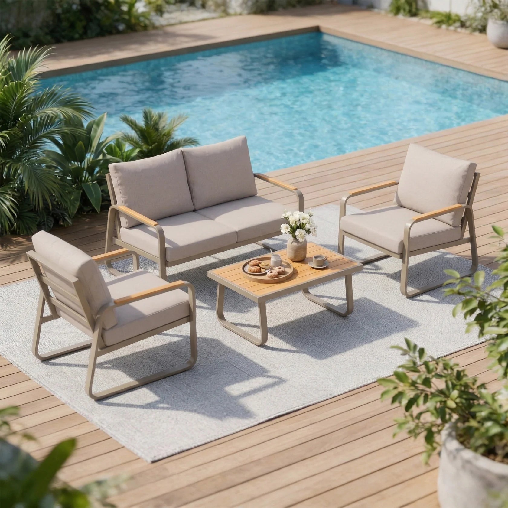 4 Piece Patio Conversation Set with Metal Frame, Cushions, Loveseat & Chairs