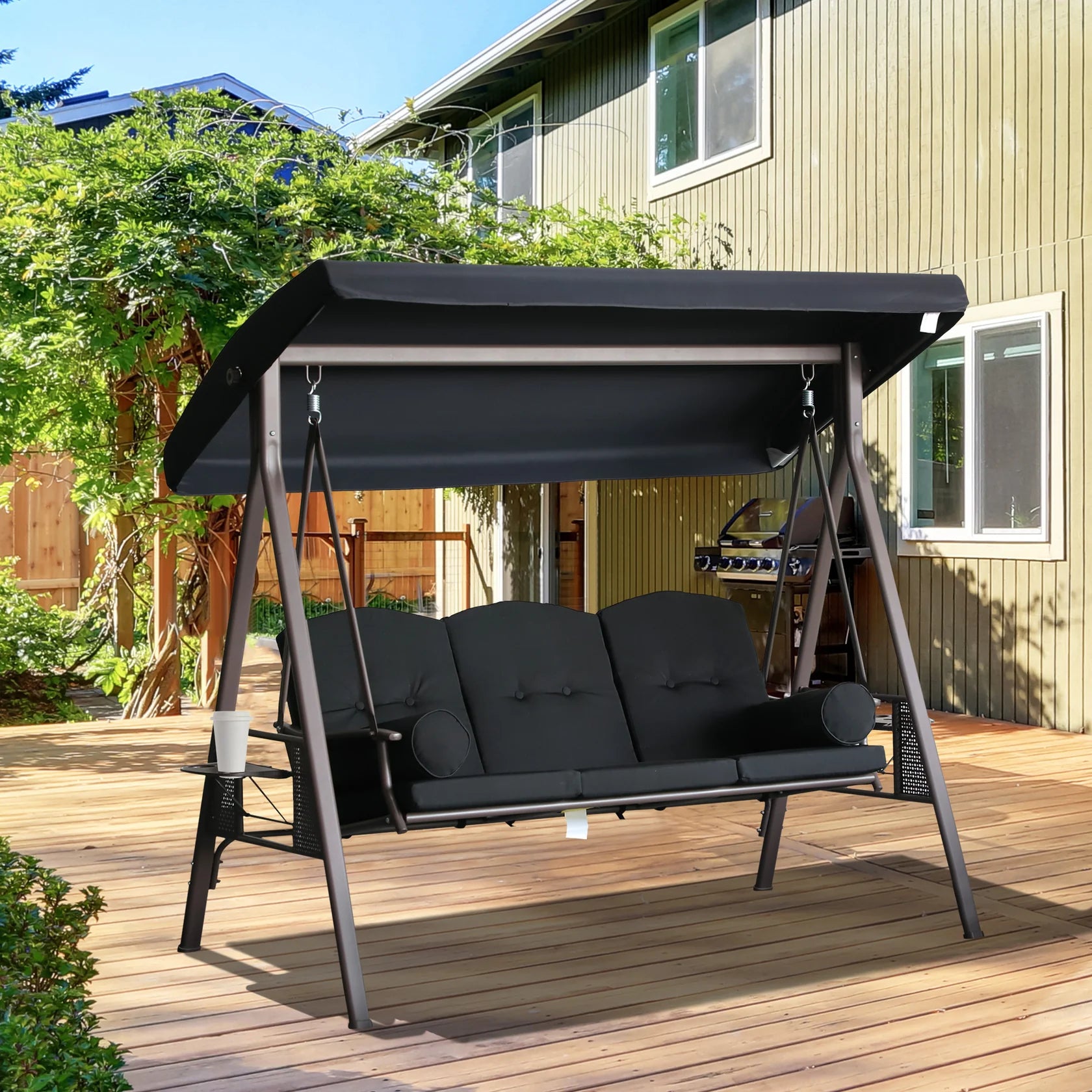 3 Seat Patio Swing Chair with Adjustable Canopy and Side Trays