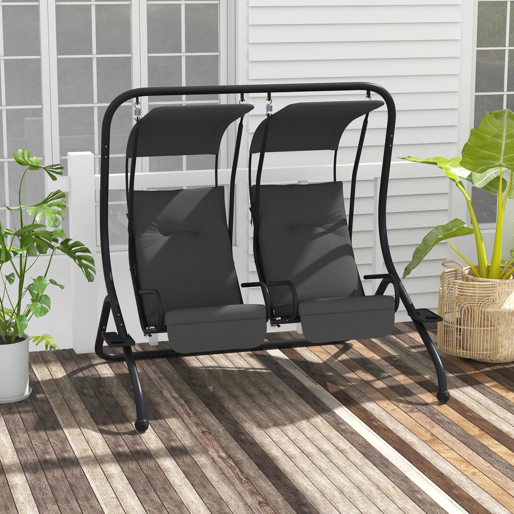 2 Seat Outdoor Swing Chair with Dual Canopies and Cushioned Seats