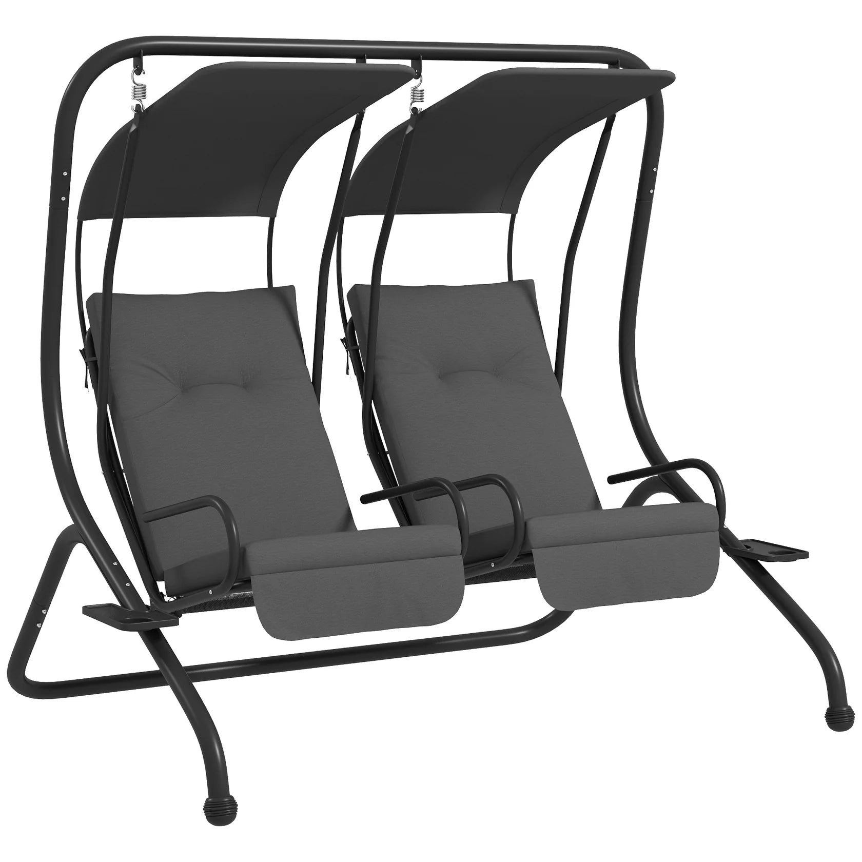 2 Seat Outdoor Swing Chair with Dual Canopies and Cushioned Seats