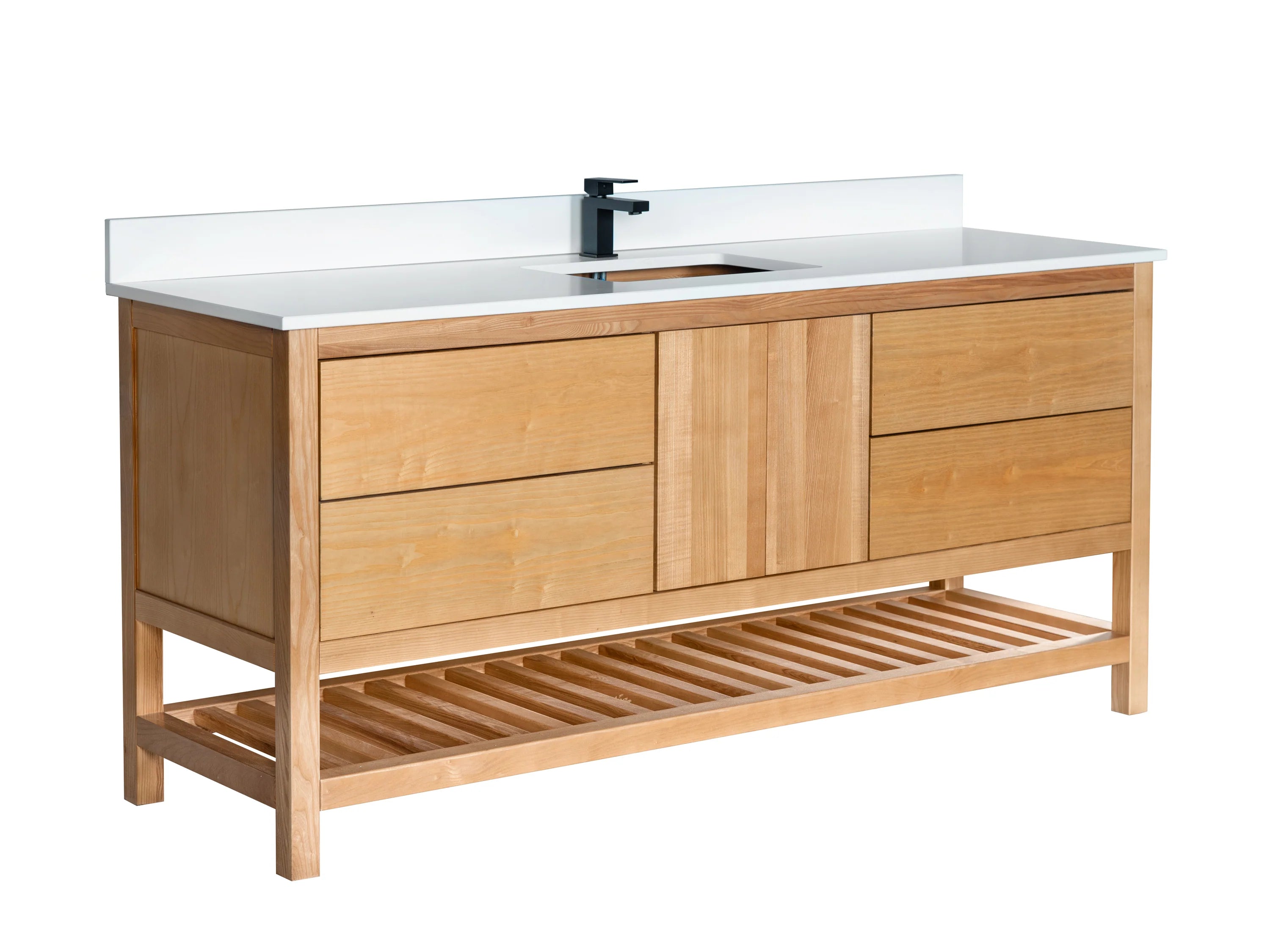 71 Inch Light Natural Wood Bathroom Vanity with Quartz Countertop and Open Shelf