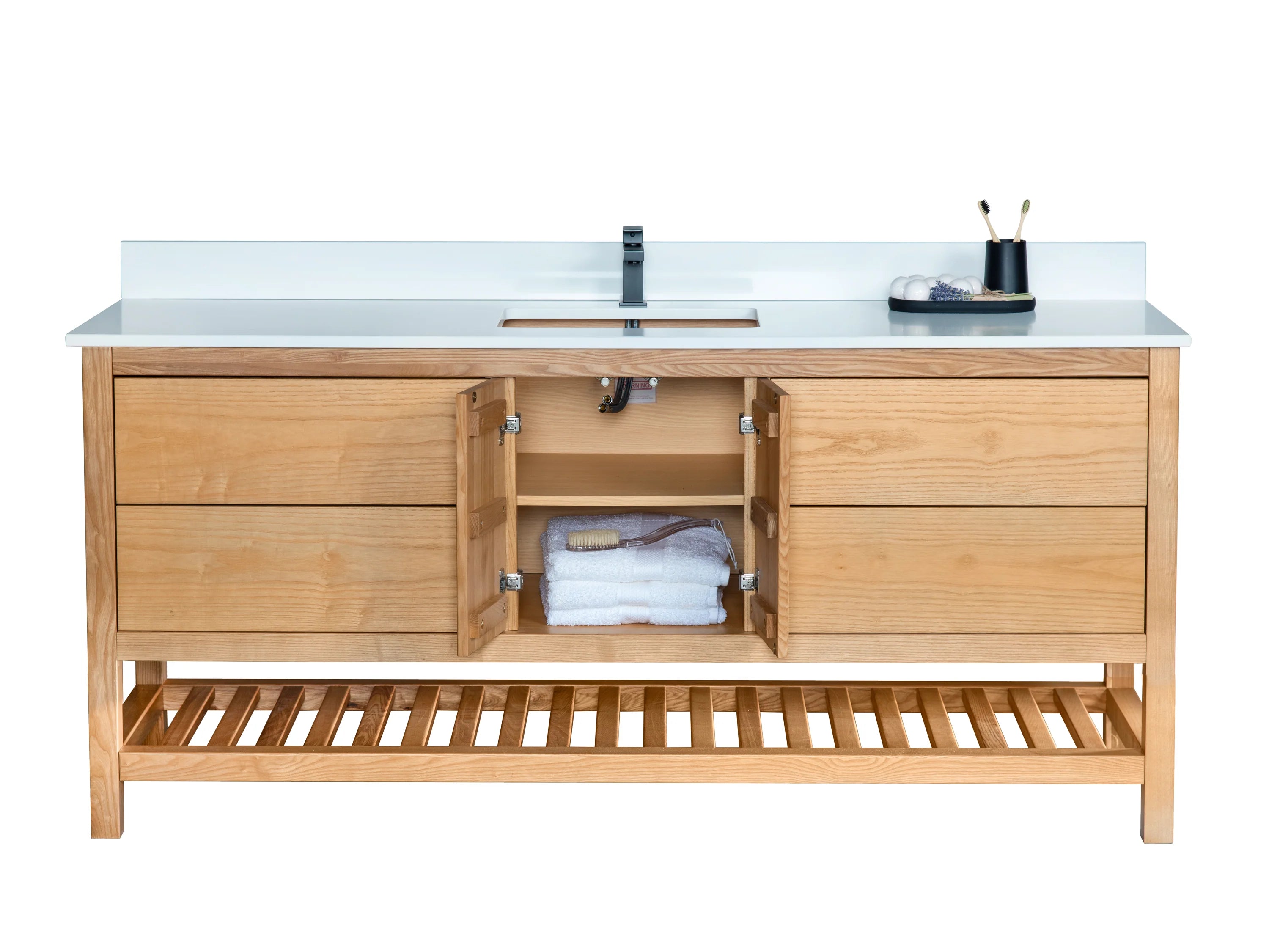 71 Inch Light Natural Wood Bathroom Vanity with Quartz Countertop and Open Shelf