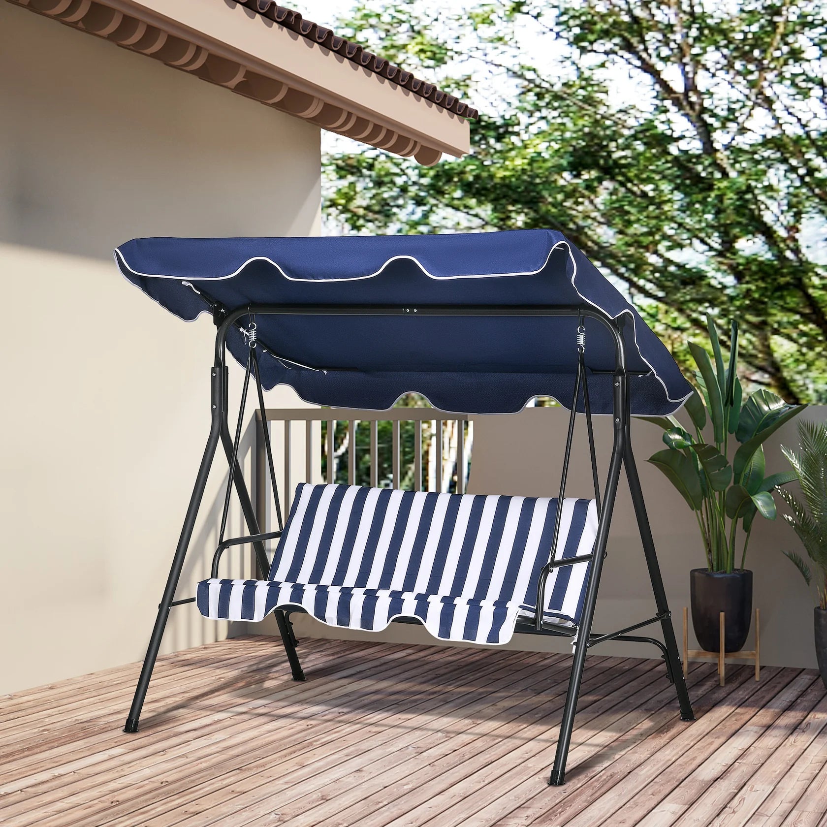 3 Seat Outdoor Patio Swing with Adjustable Canopy and Cushioned Seat
