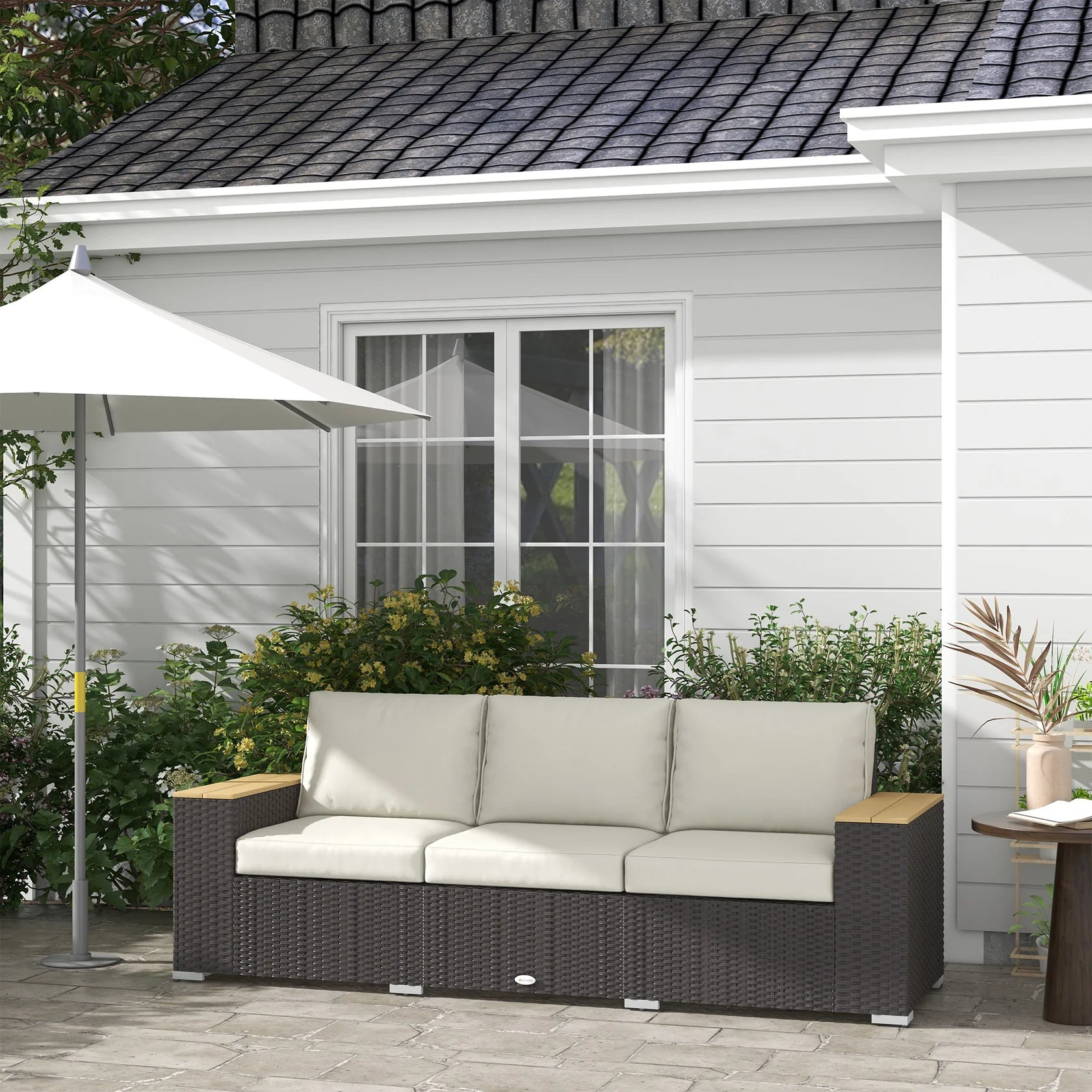 3 Seat Outdoor Wicker Sofa with Cushions and Wide Armrests