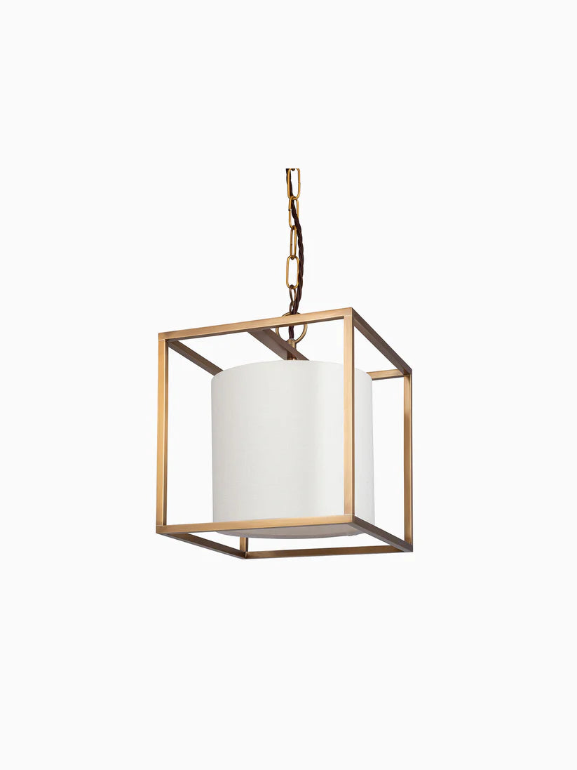 Small Brass Cube Pendant Light with Fabric Shade