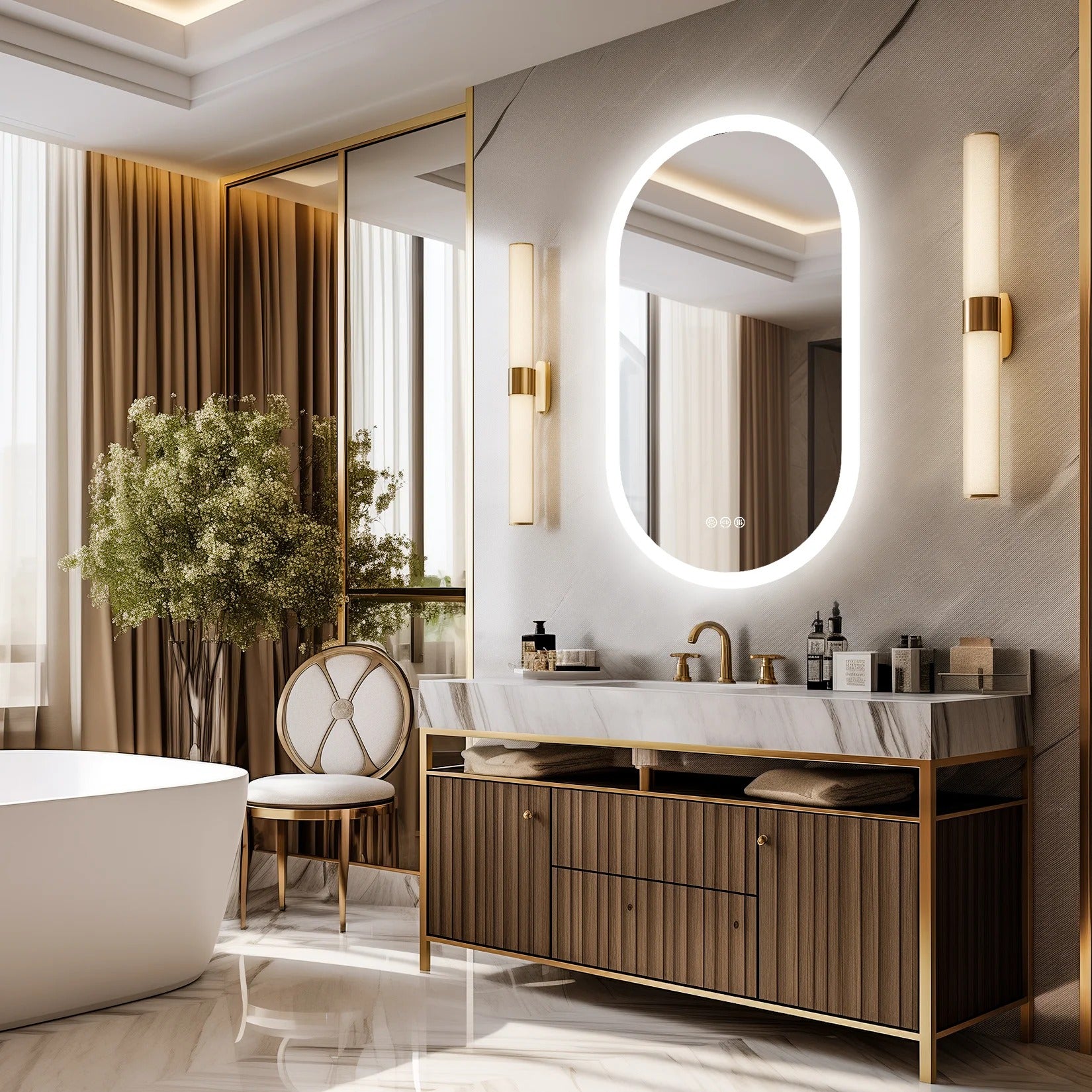 Oval LED Bathroom Mirror with Anti-Fog and Adjustable Lighting
