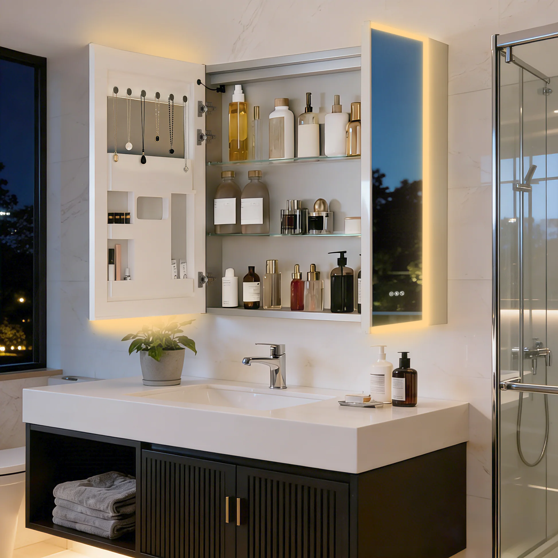 LED Bathroom Medicine Cabinet Mirror with Bluetooth, Anti-Fog and Interior Storage
