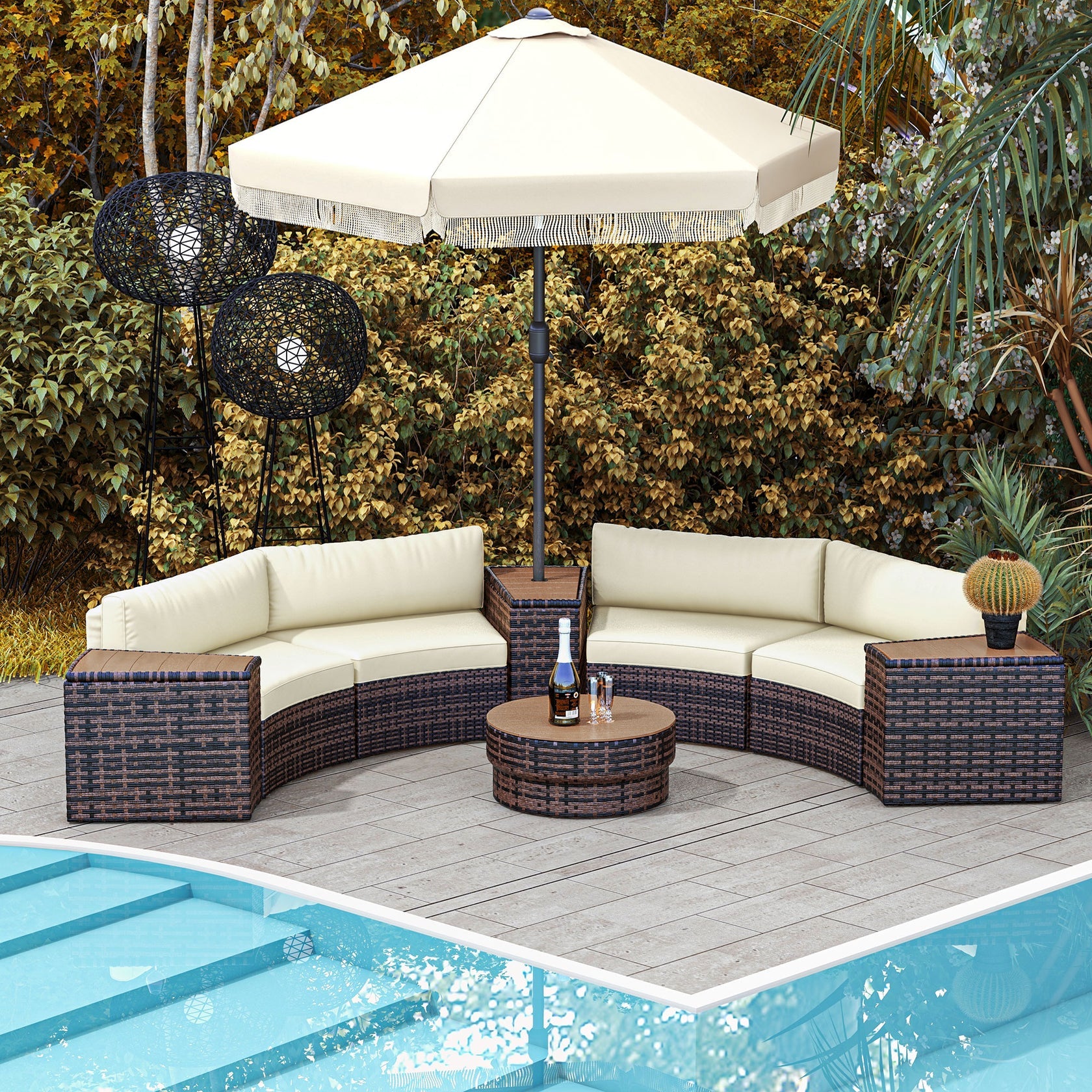 8PC Outdoor Conversation Set with Rattan Chairs, Storage Tables & Round Coffee Table