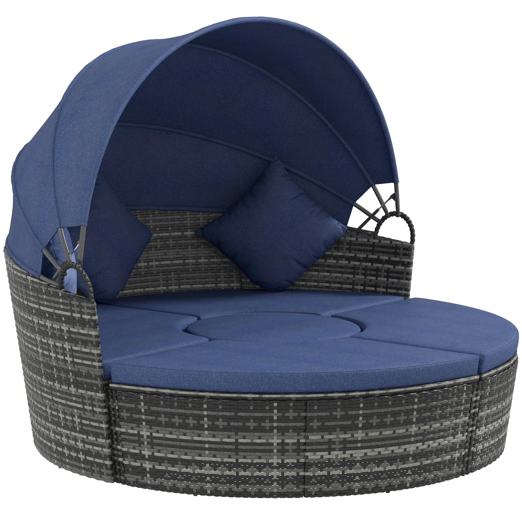4 Piece Round Convertible Rattan Daybed with Adjustable Canopy, Sectional Seating & Table