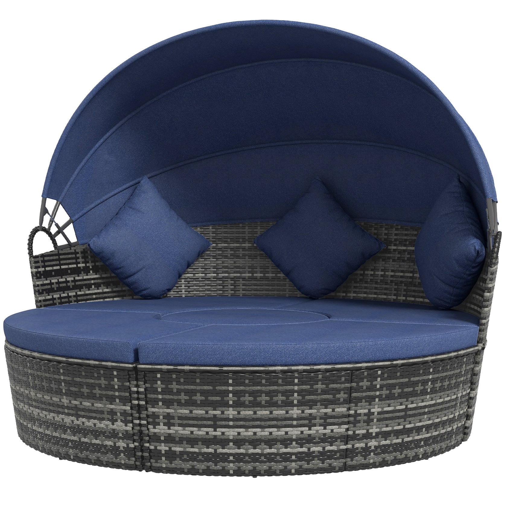 4 Piece Round Convertible Rattan Daybed with Adjustable Canopy, Sectional Seating & Table