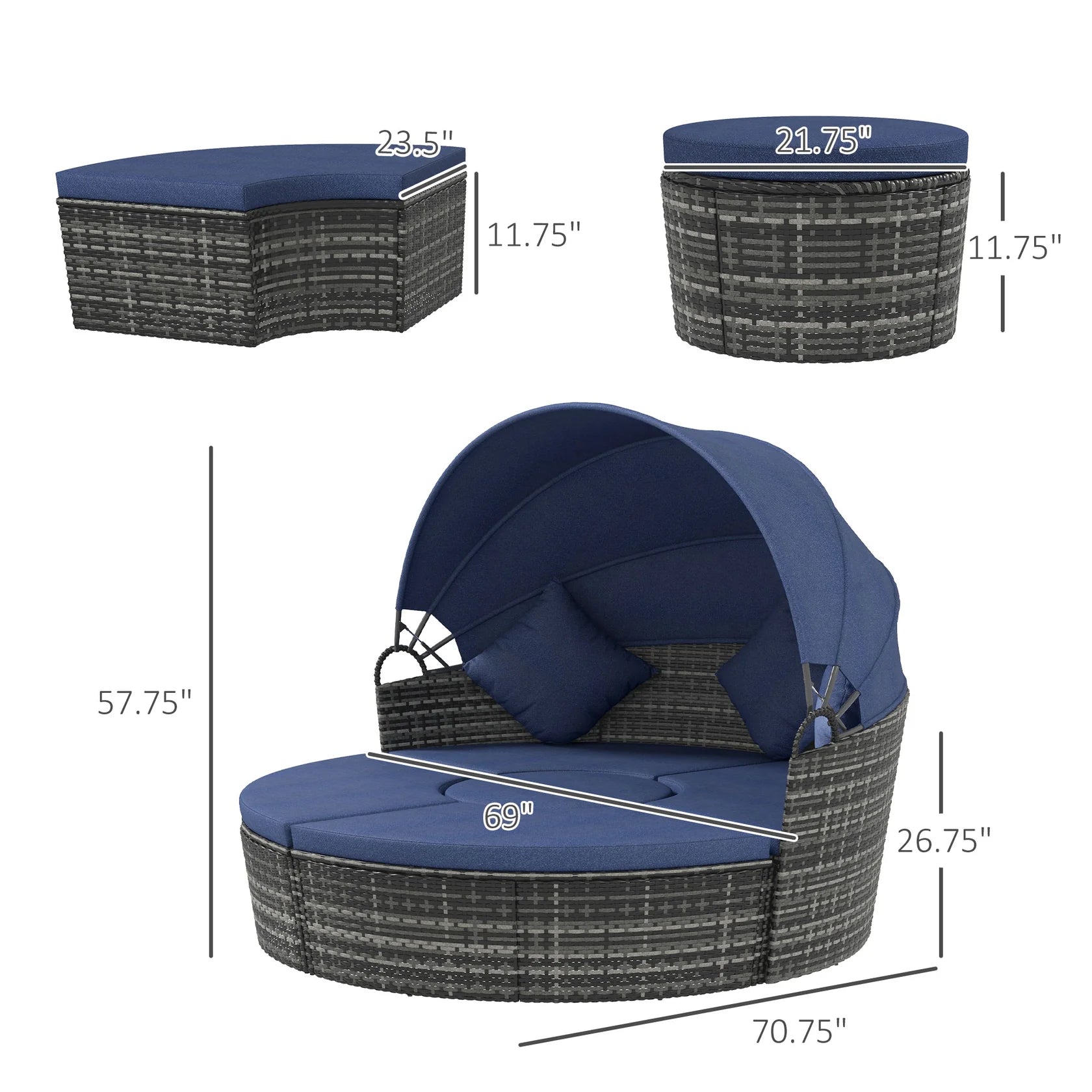 4 Piece Round Convertible Rattan Daybed with Adjustable Canopy, Sectional Seating & Table