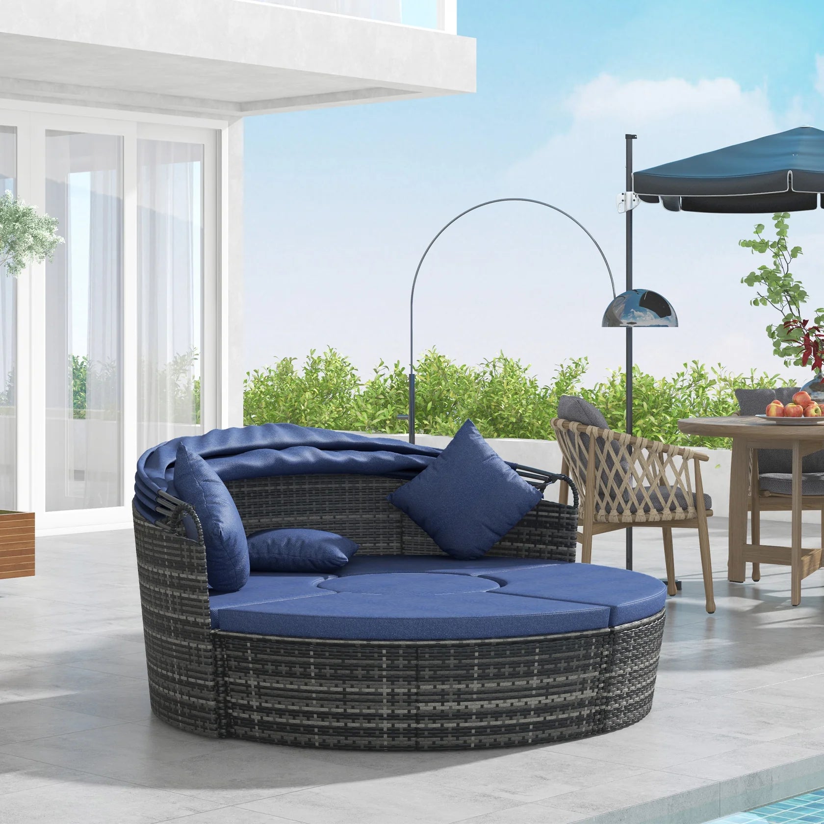 4 Piece Round Convertible Rattan Daybed with Adjustable Canopy, Sectional Seating & Table