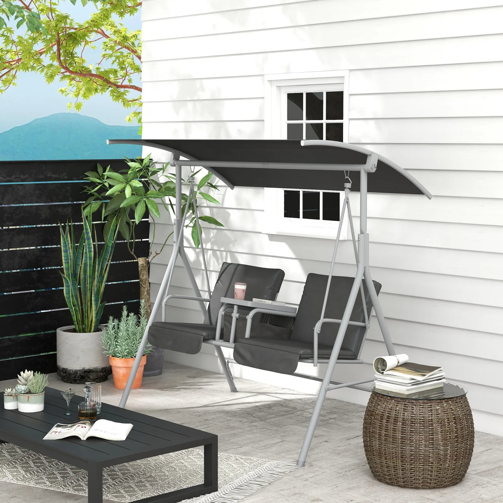 2 Person Outdoor Porch Swing with Canopy and Cup Holders