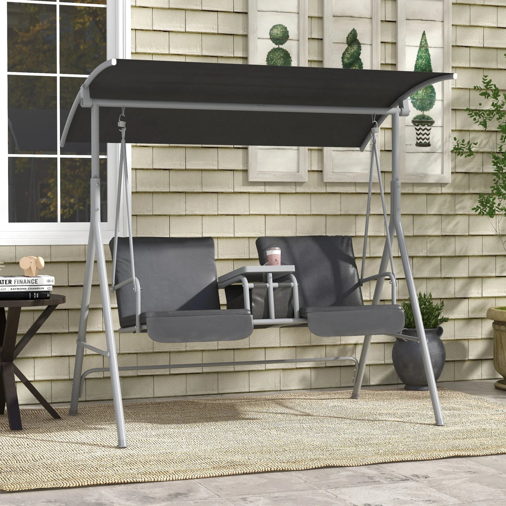 2 Person Outdoor Porch Swing with Canopy and Cup Holders
