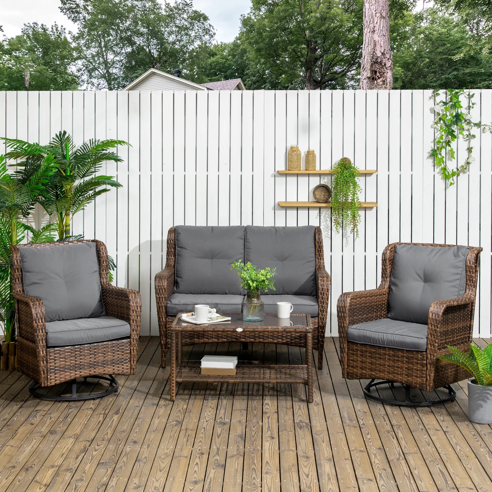 4 Piece PE Rattan Patio Furniture Set with Swivel Rockers & Glass Table