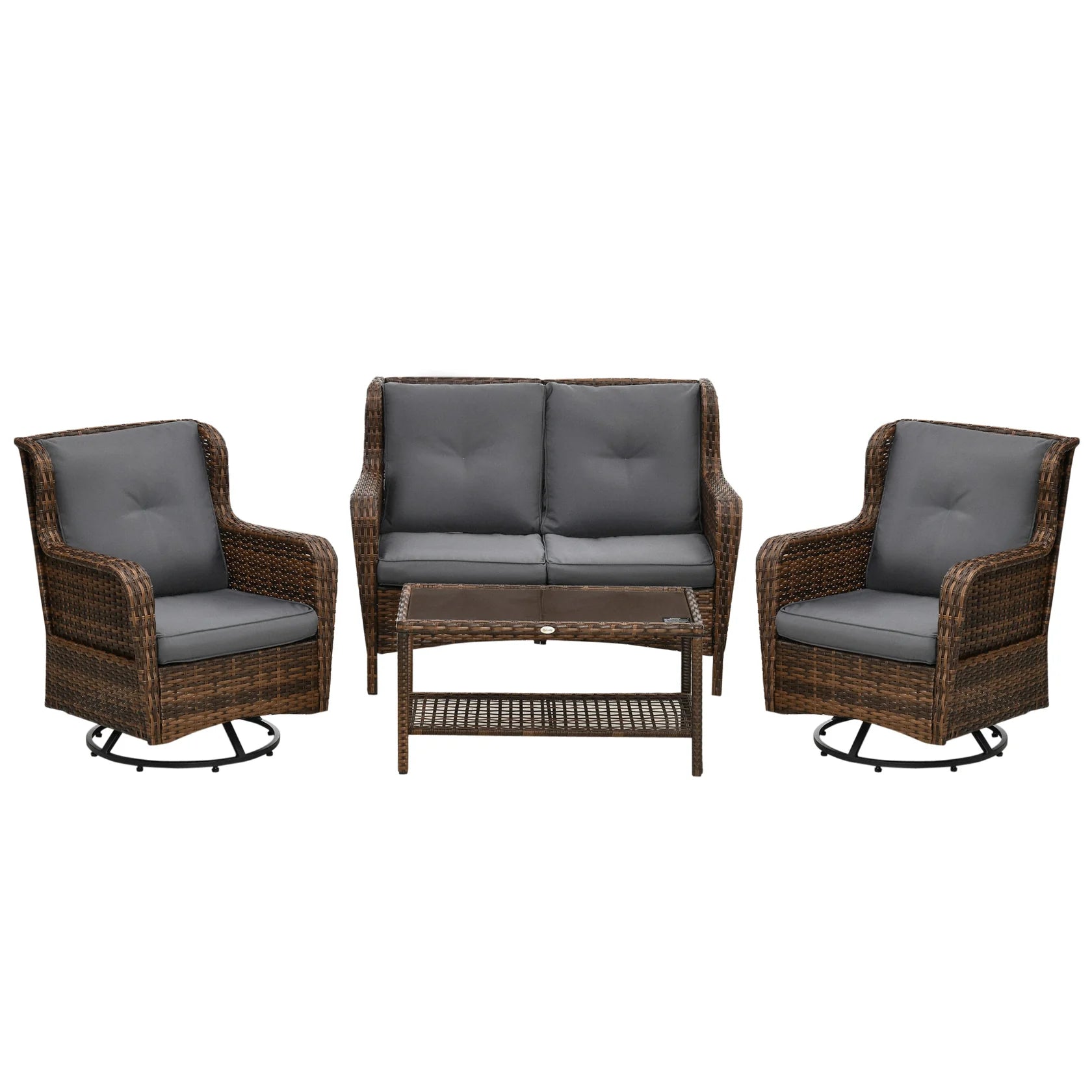 4 Piece PE Rattan Patio Furniture Set with Swivel Rockers & Glass Table