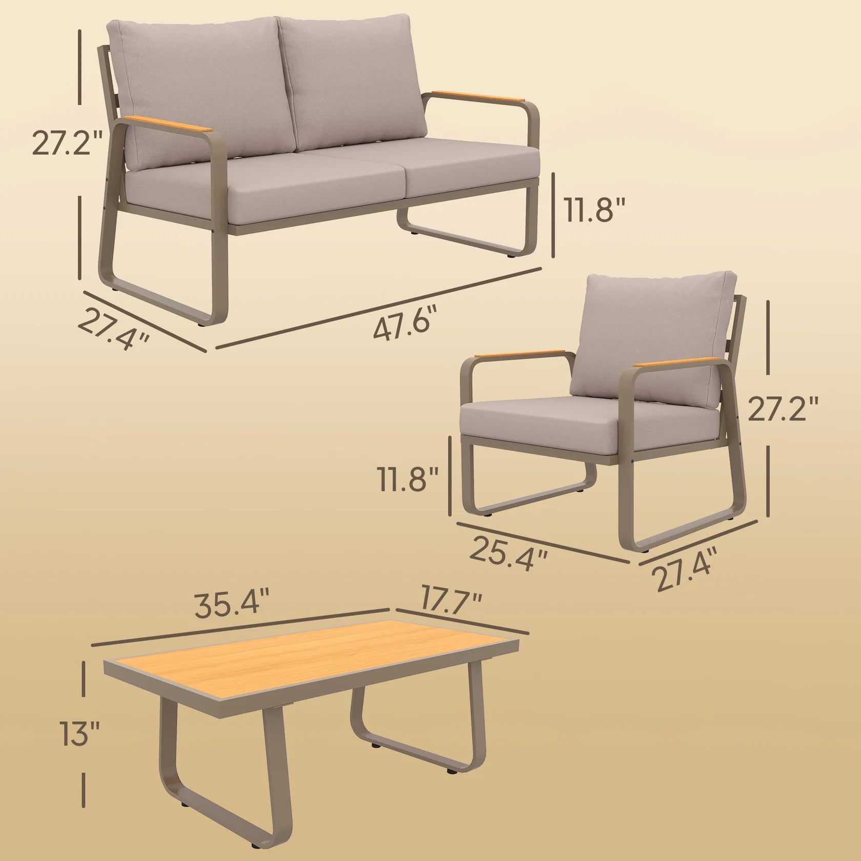 4 Piece Patio Conversation Set with Metal Frame, Cushions, Loveseat & Chairs