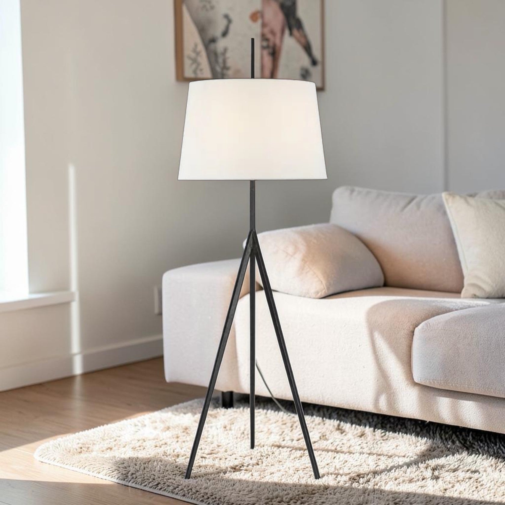 Tripod Floor Lamp with Hand-Forged Base and Fabric Shade