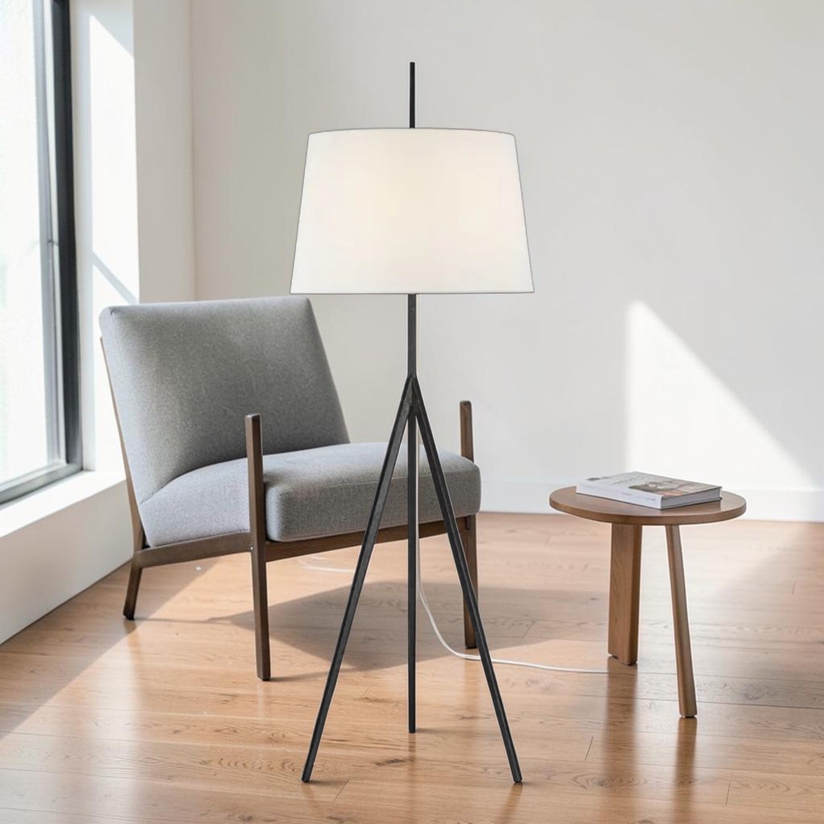 Tripod Floor Lamp with Hand-Forged Base and Fabric Shade
